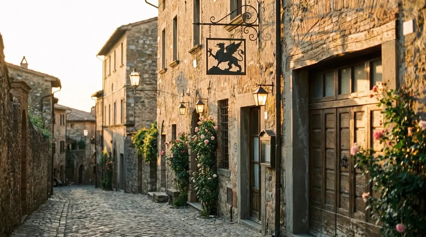 Vicolo storico europeo con l'insegna di un'antica locanda al tramonto