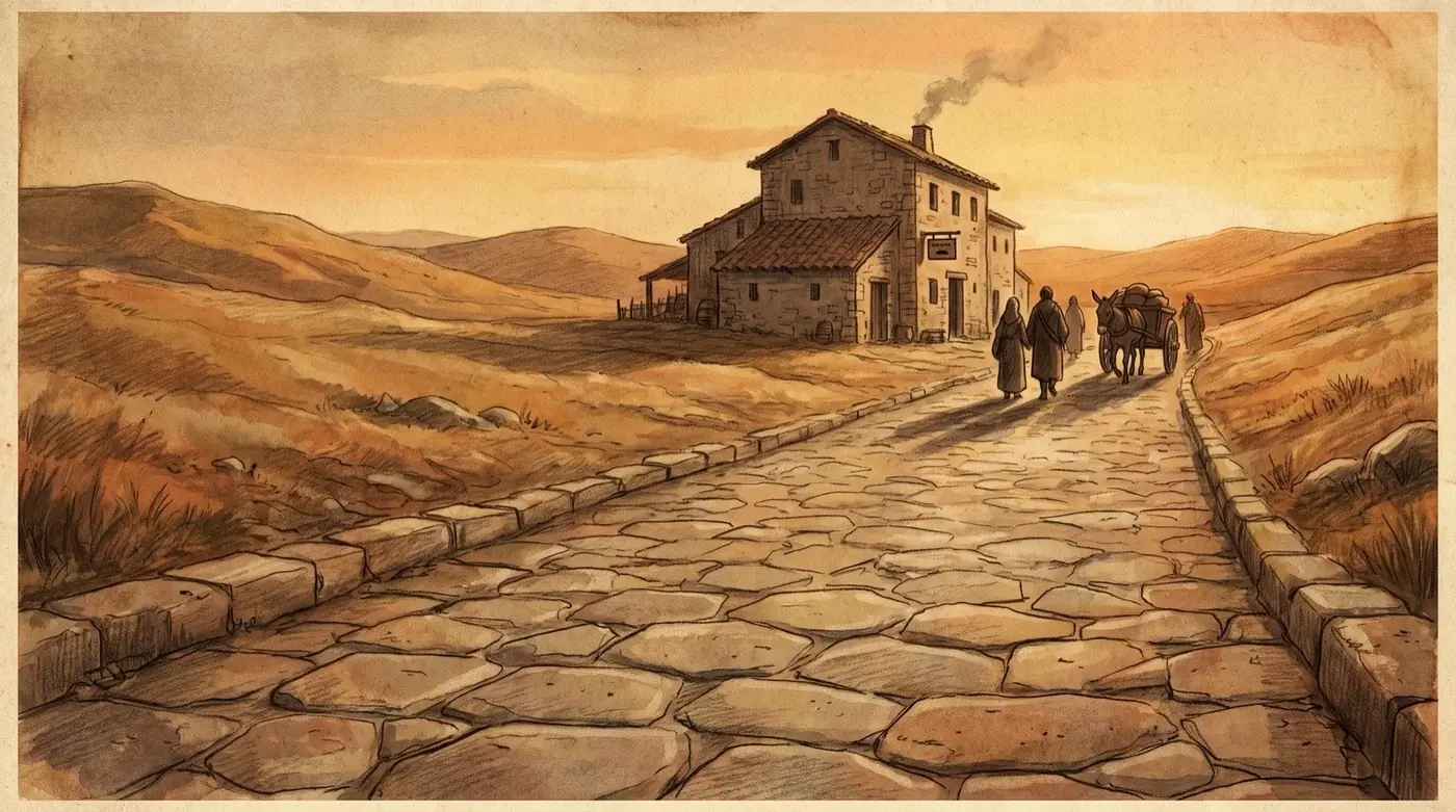 Antica strada romana lastricata con una locanda in pietra al tramonto