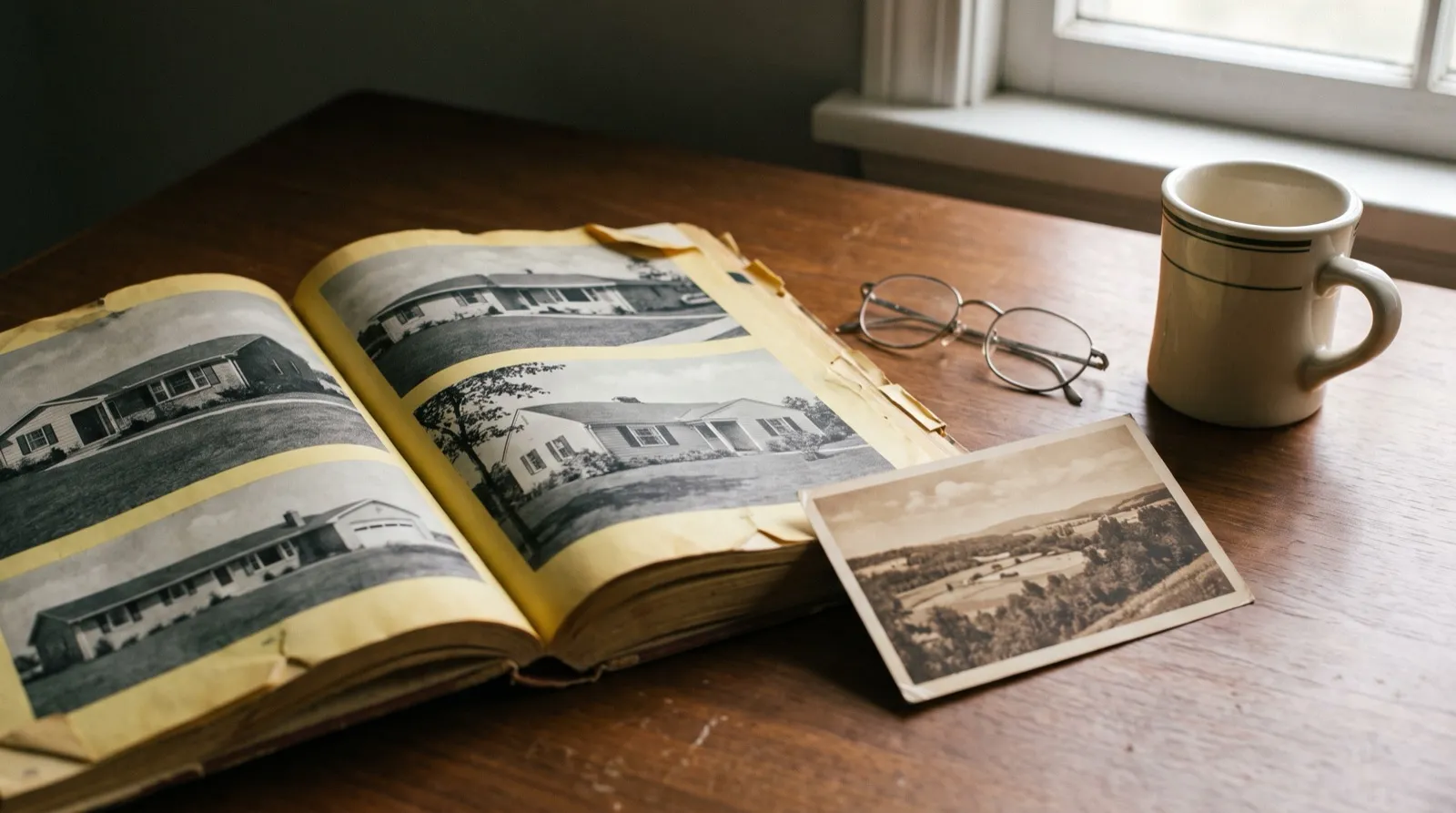 Catalogo cartaceo di scambio casa degli anni Cinquanta su una scrivania in legno