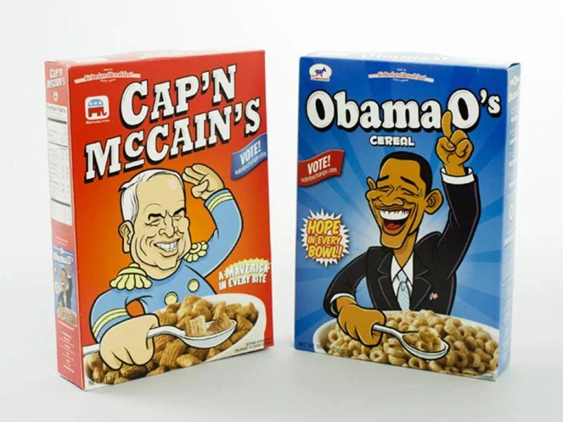 Le due scatole di cereali Cap'n McCain's e Obama O's prodotte dai fondatori di Airbnb nel 2008
