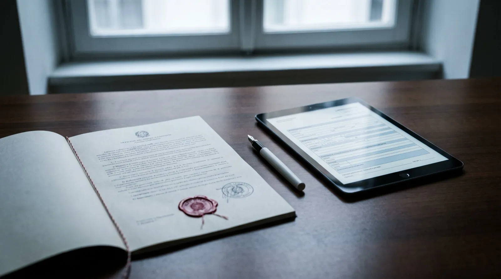 Documento ufficiale timbrato su una scrivania accanto a un tablet