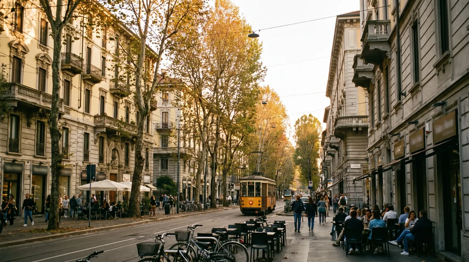 Viale alberato di Milano in zona Porta Romana all'ora dorata